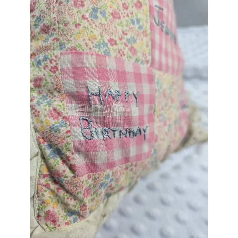 Ruffle Gingham Pillow Pink Cottagecore Embroidered Happy Birthday 10” Jennifer